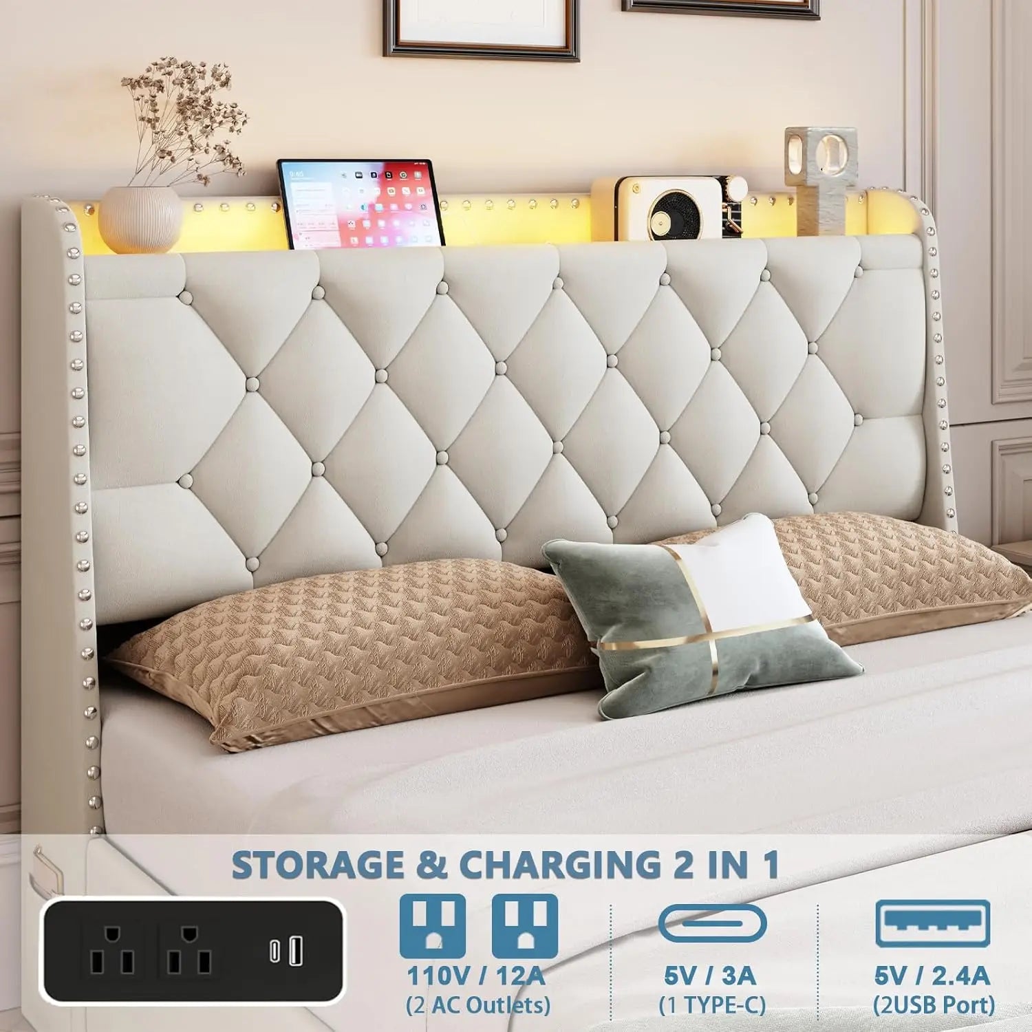 Bed Frame With 4 Drawers LED Lights And Charging Station