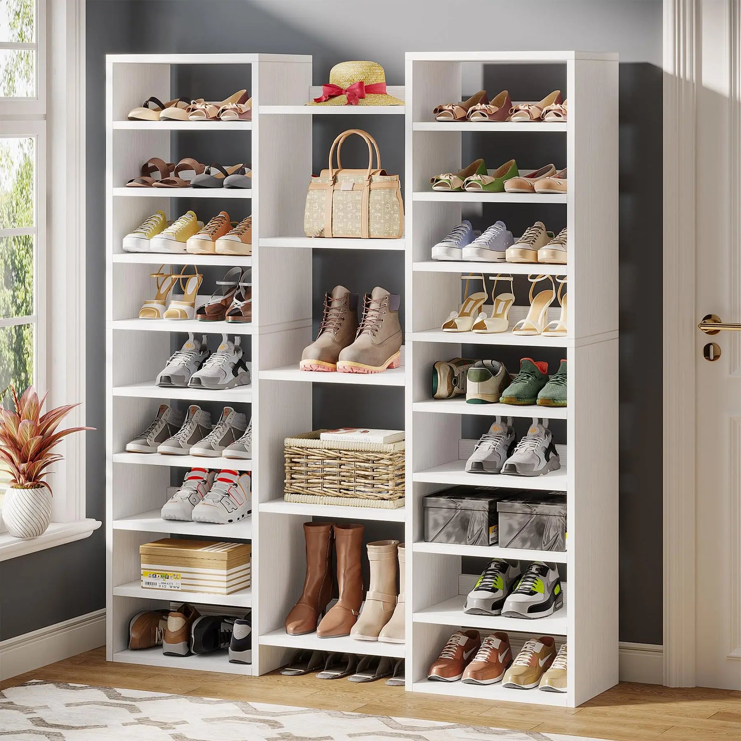 14-Tier Freestanding Shoe Rack Tall Wood Shoe Storage Cabinet