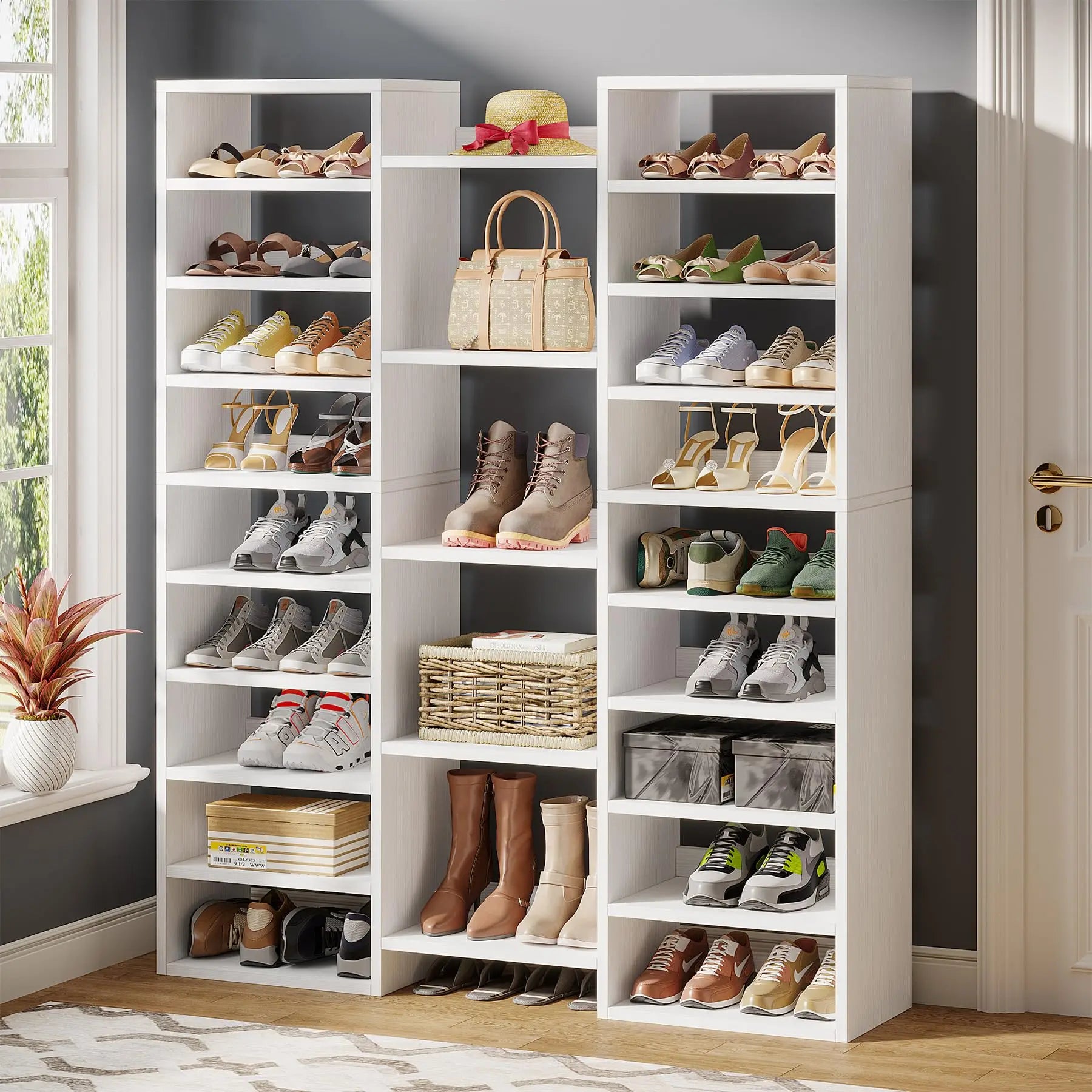 14-Tier Freestanding Shoe Rack Tall Wood Shoe Storage Cabinet