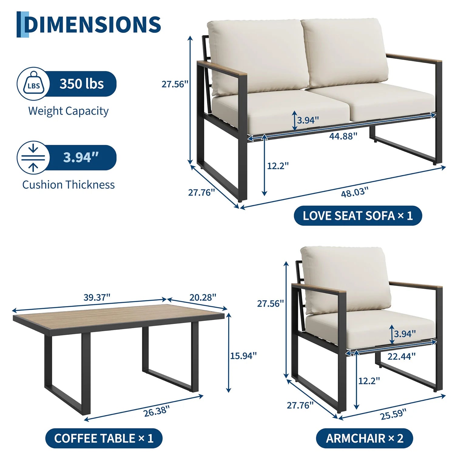 HobbyLane Modern 4 Piece Outdoor Sofa Set With Coffee Table