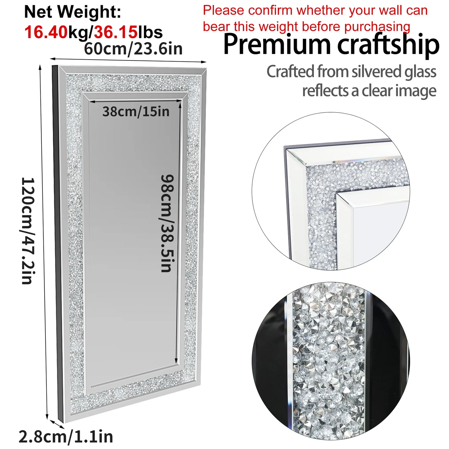 Crystal Crush Diamond Wall Mirror Framed Rectangle