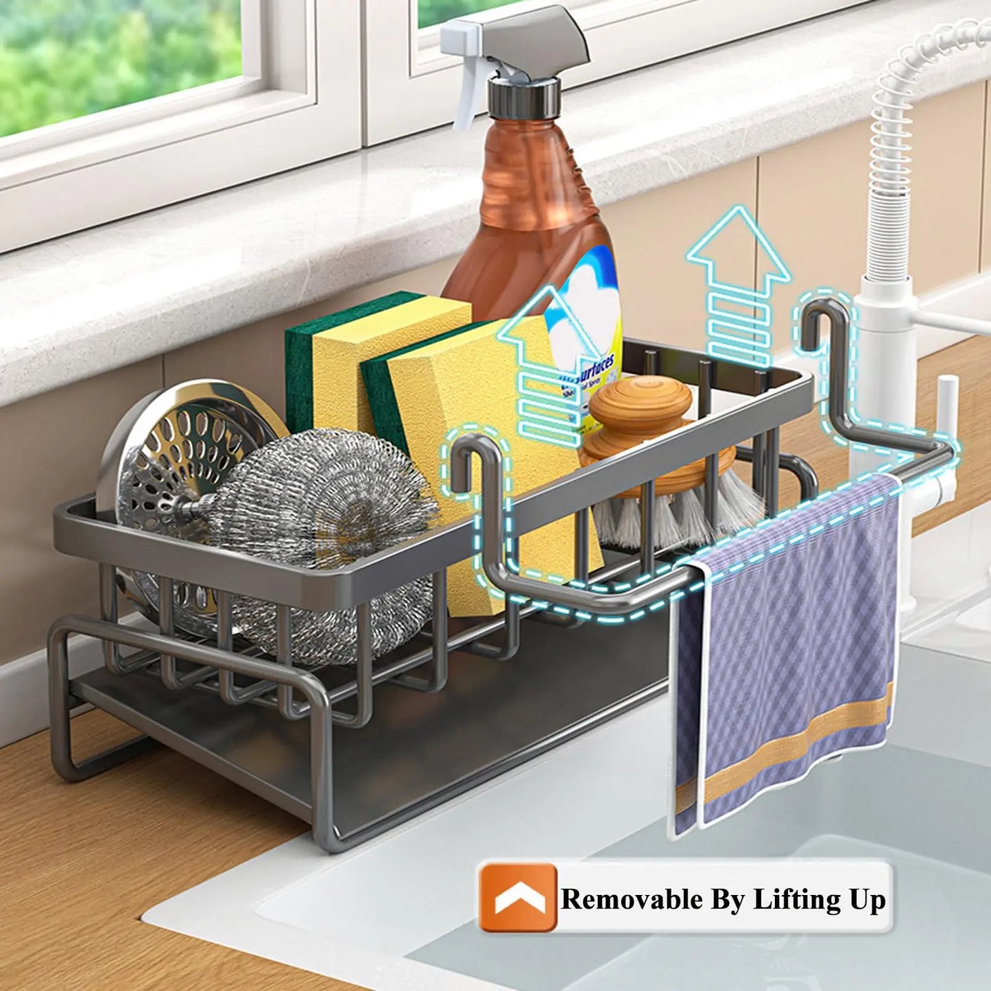 Rustproof Carbon Steel Kitchen Sink Organizer With Sponge Holder And Dispenser