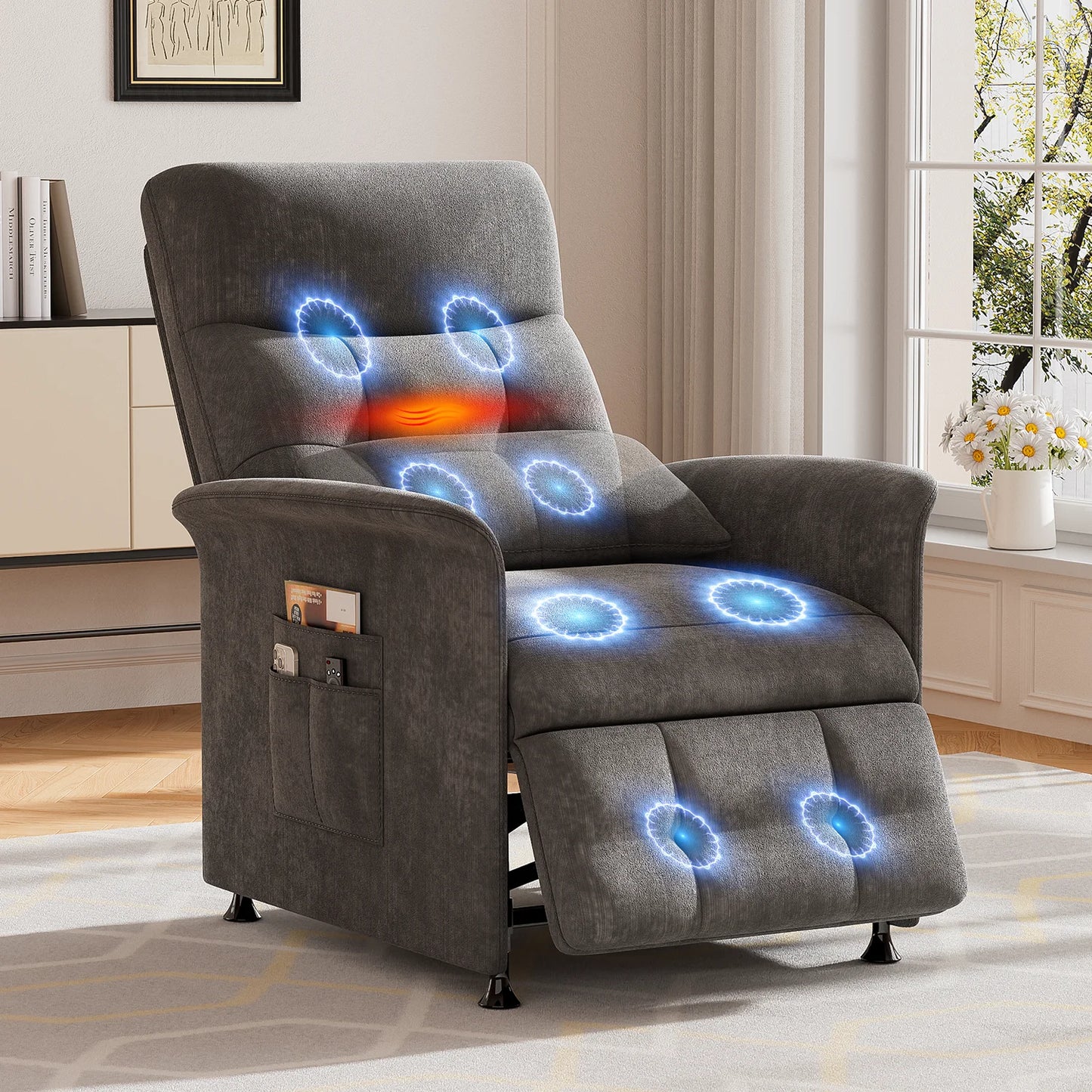 Power Recliner Chair With Heated Massage For Adults Fabric Upholstery
