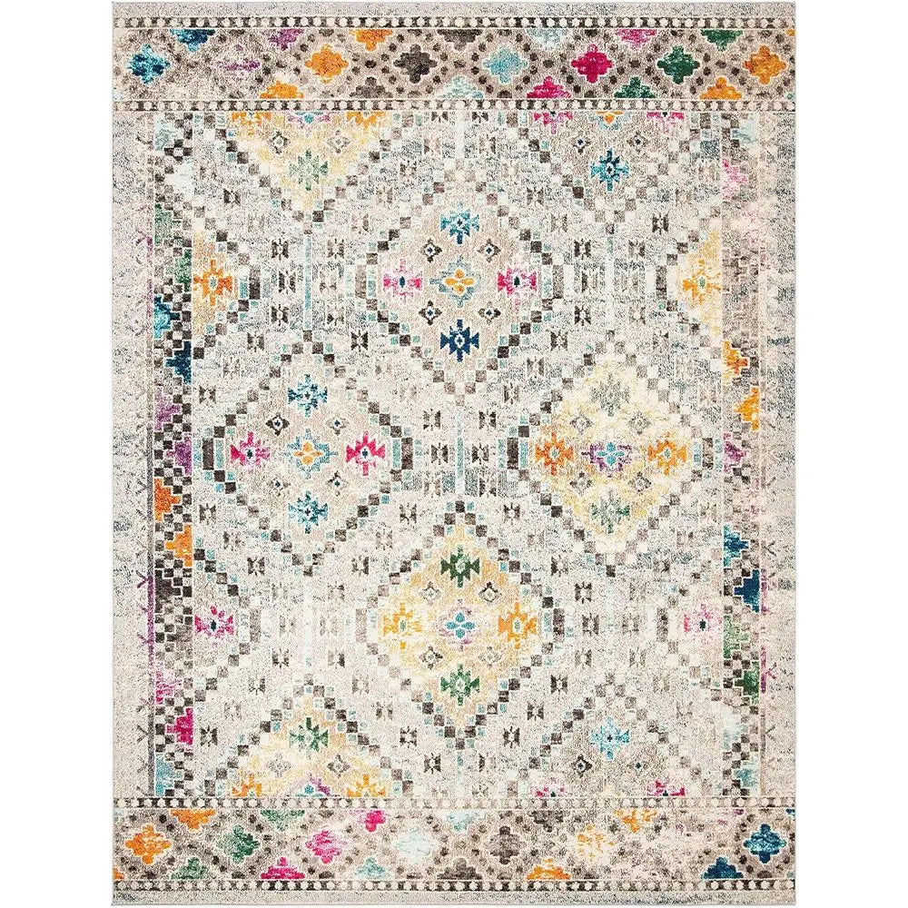 Boho Diamond Distressed Area Rug Non-Shedding Easy Care High Traffic