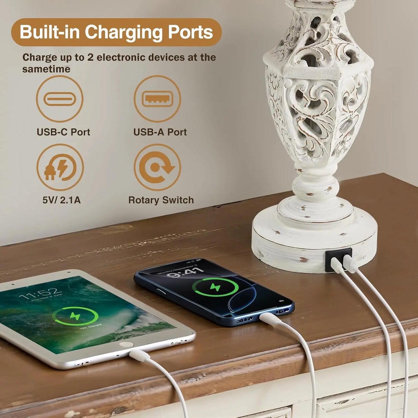 Set Of 2 Boho Nightstand Lamps With USB A And USB C Nightlight