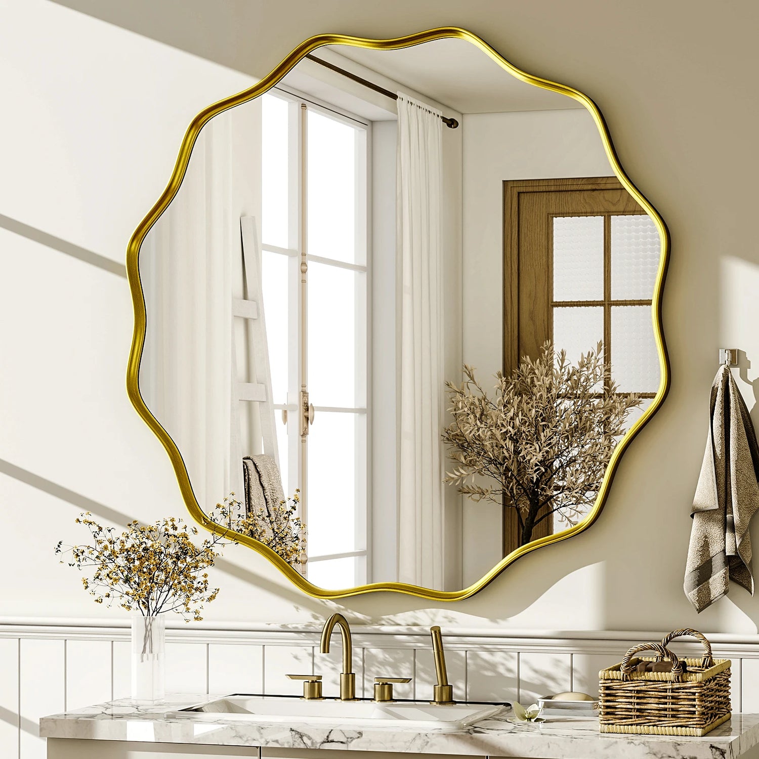 BEAUTYPEAK Wavy Round Decorative Bathroom Mirror With Deep Frame