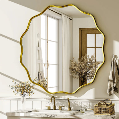 BEAUTYPEAK Wavy Round Decorative Bathroom Mirror With Deep Frame