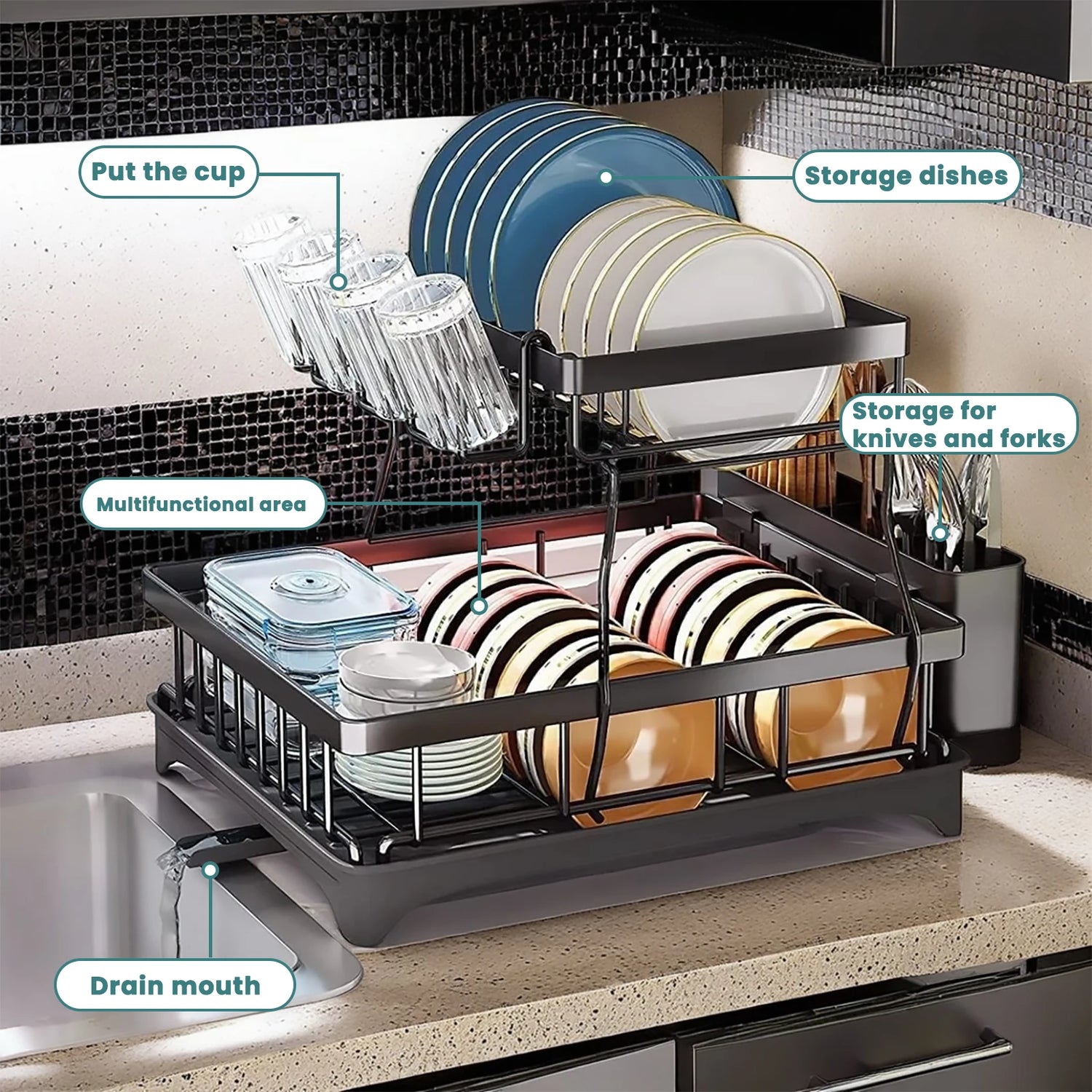 Two Tier Dish Drying Rack Removable Large Capacity for Kitchens