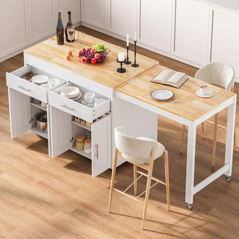 Rolling Wood Kitchen Island Dining Table With 4 Door Cabinet